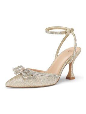 Rhinestone Bow Pointed Toe Ankle Strap Kitten Heel Pumps Wedding Dress Shoes